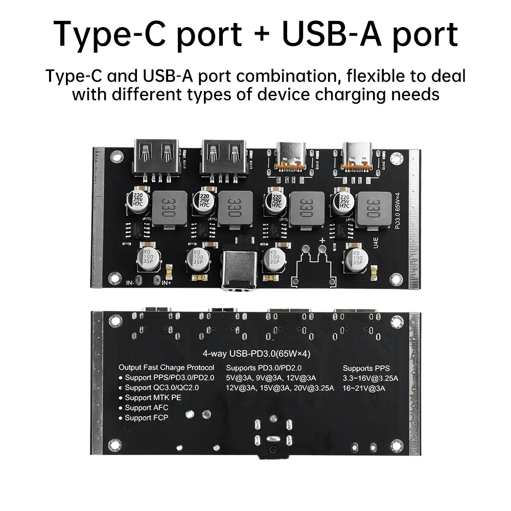 4-way PD 65W Quick Charging Module Type-C USB-A Support PD3.0/2.0 QC3.0/2.0 FCP AFC Fast Charger Board DC5.5*2.5 DC5.5*5.1