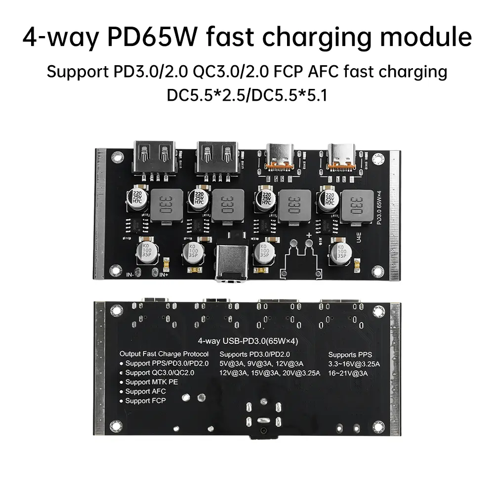 4-way PD 65W Quick Charging Module Type-C USB-A Support PD3.0/2.0 QC3.0/2.0 FCP AFC Fast Charger Board DC5.5*2.5 DC5.5*5.1
