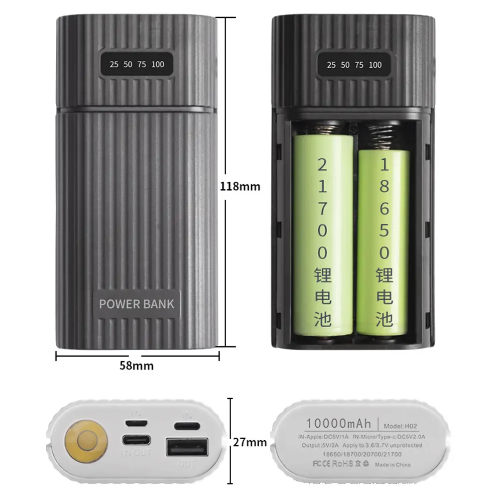 18650/18700/20700/21700 Battery Mobile Power Supply Housing PD QC3.0 Fast Charging Power Bank Case Type-C/Micro/Apple Interface