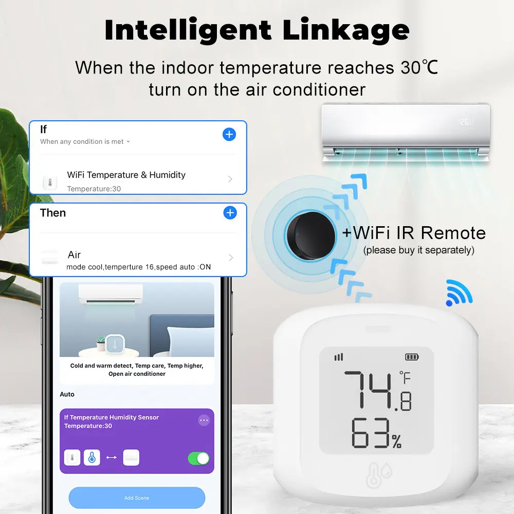 Aideepen Tuya WiFi/Zigbee Thermometer Hygrometer -10-60℃ Temperature Humidity Sensor Voice/Remote Control For Alexa Google Home