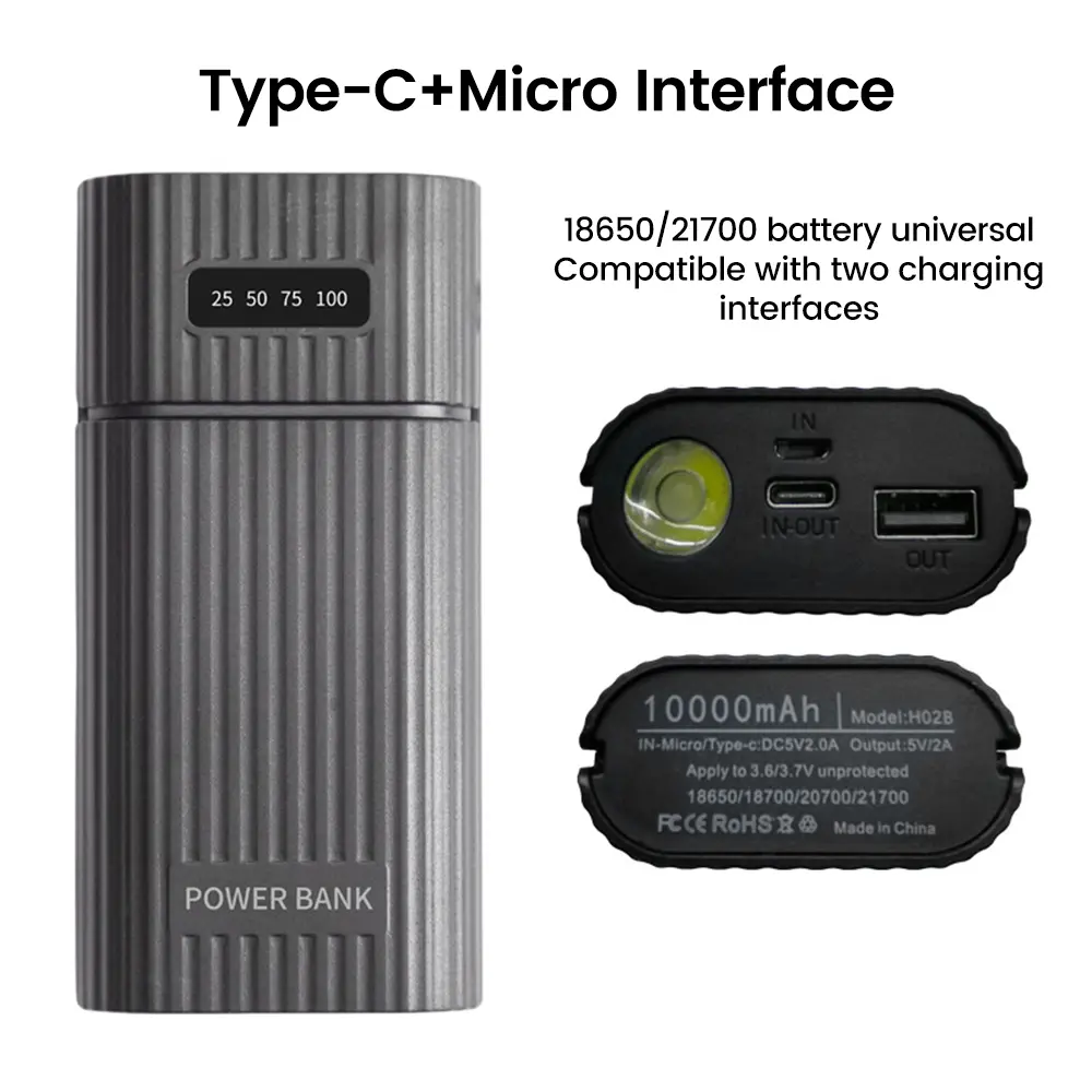 18650/18700/20700/21700 Battery Mobile Power Supply Housing PD QC3.0 Fast Charging Power Bank Case Type-C/Micro/Apple Interface