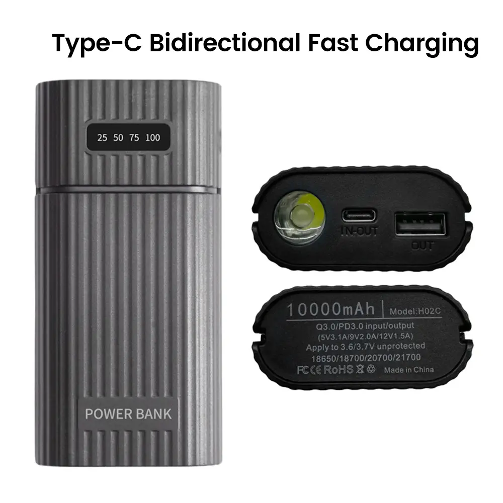18650/18700/20700/21700 Battery Mobile Power Supply Housing PD QC3.0 Fast Charging Power Bank Case Type-C/Micro/Apple Interface