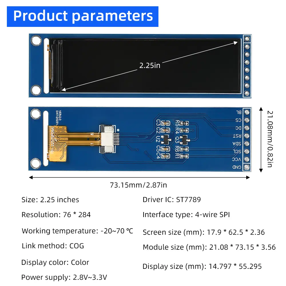 2.25 Inch TFT LCD Screen Module ST7789 Small Screen 76*284 LCD Full View SPI Color Screen