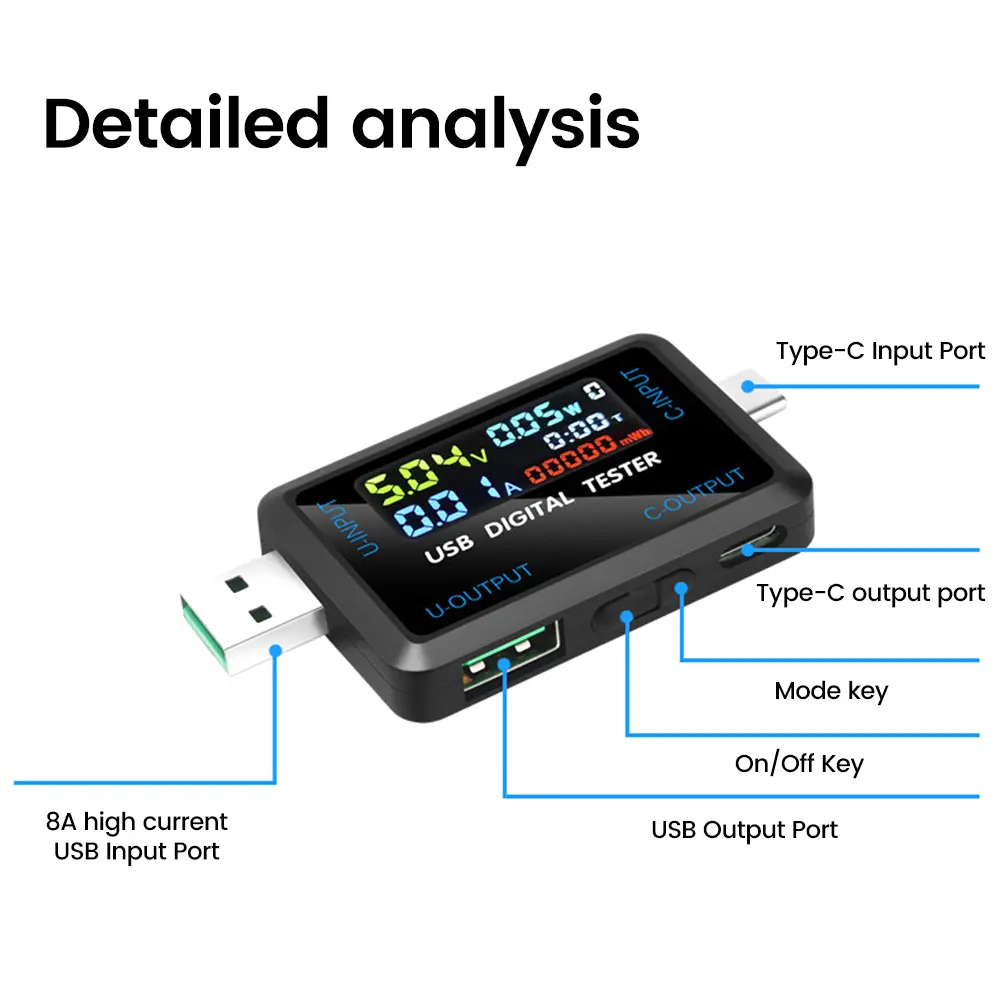 Multifunctional Digital Battery Level Indicator Voltmeter Ammeter Battery Capacity Detector Current Voltage Tester USB Type-C