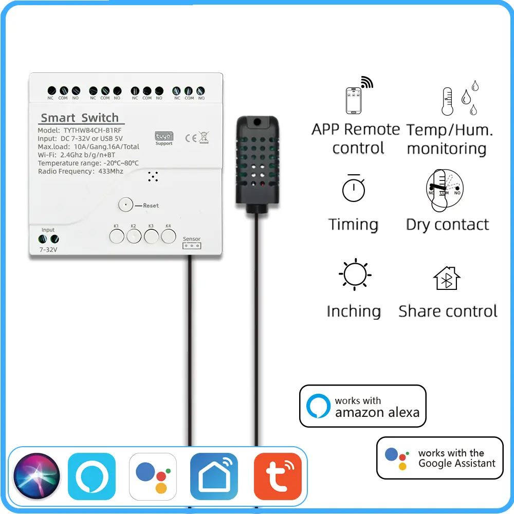 Tuya WiFi 4 Channel Smart Switch with Temperature or Humidity Sensor 7-32V 85-250V 10A RF 433MHZ Relay For Alexa Google Home