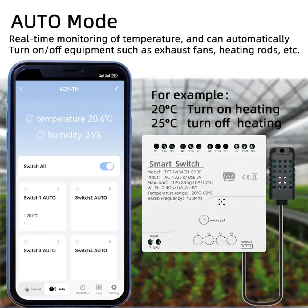 Tuya WiFi 4 Channel Smart Switch with Temperature or Humidity Sensor 7-32V 85-250V 10A RF 433MHZ Relay For Alexa Google Home