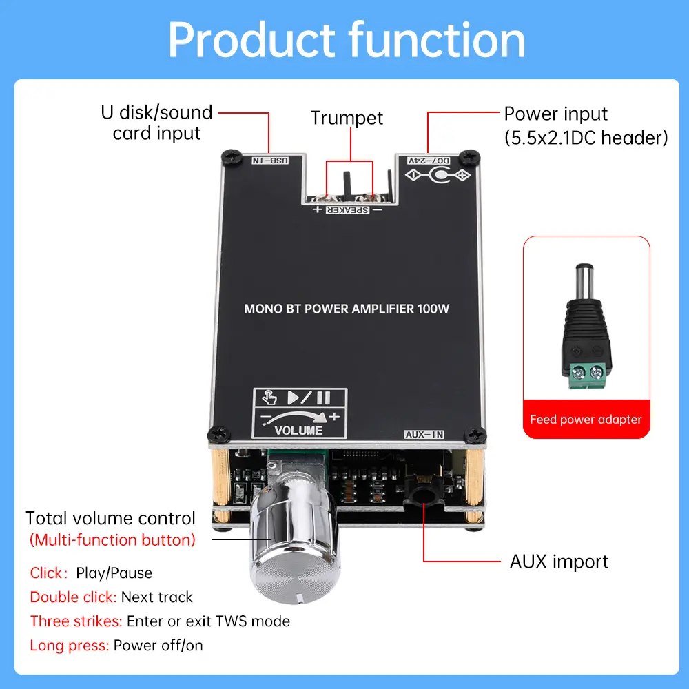 ZK-1001B Mono 100W Bluetooth Audio Amplifier Board TPA3116 TPA3116D2 Sound Amplifier Module Class D AMP Module TWS