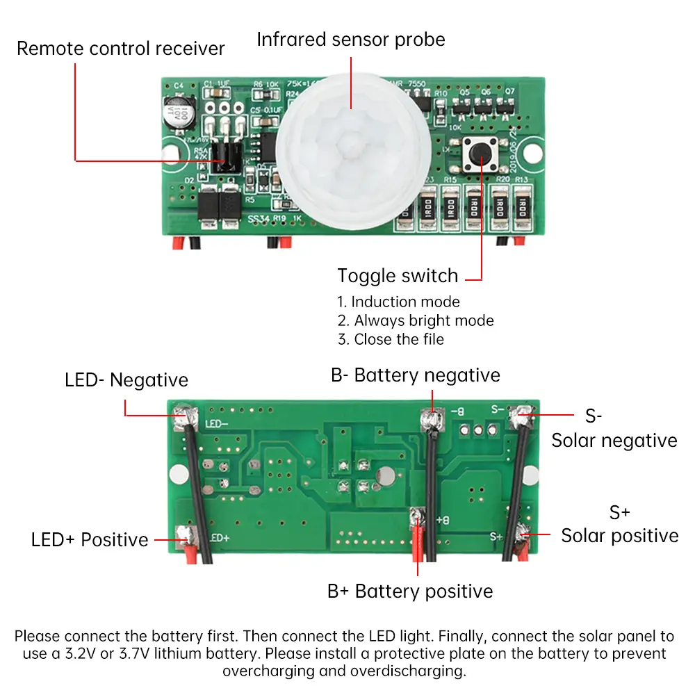 PIR Human Body Induction Solar Lamp Remote Control Solar Street Lamp Controller Circuit Board 3.2V3.7V Human Presence Sensor