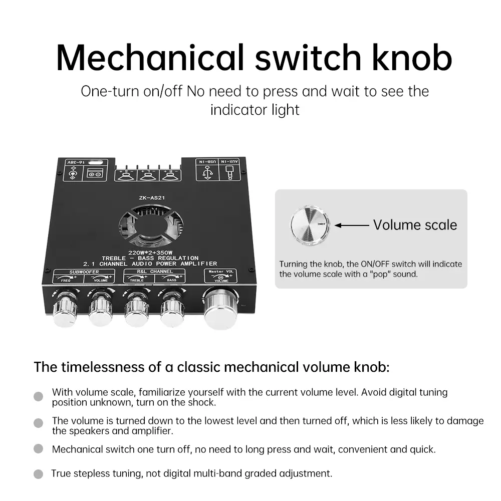 ZK-AS21 2.1 Channel Bluetooth Subwoofer Amplifier Board 220W*2+350W Stereo Audio Power Amplifier Board Bass AMP Module TPA3255