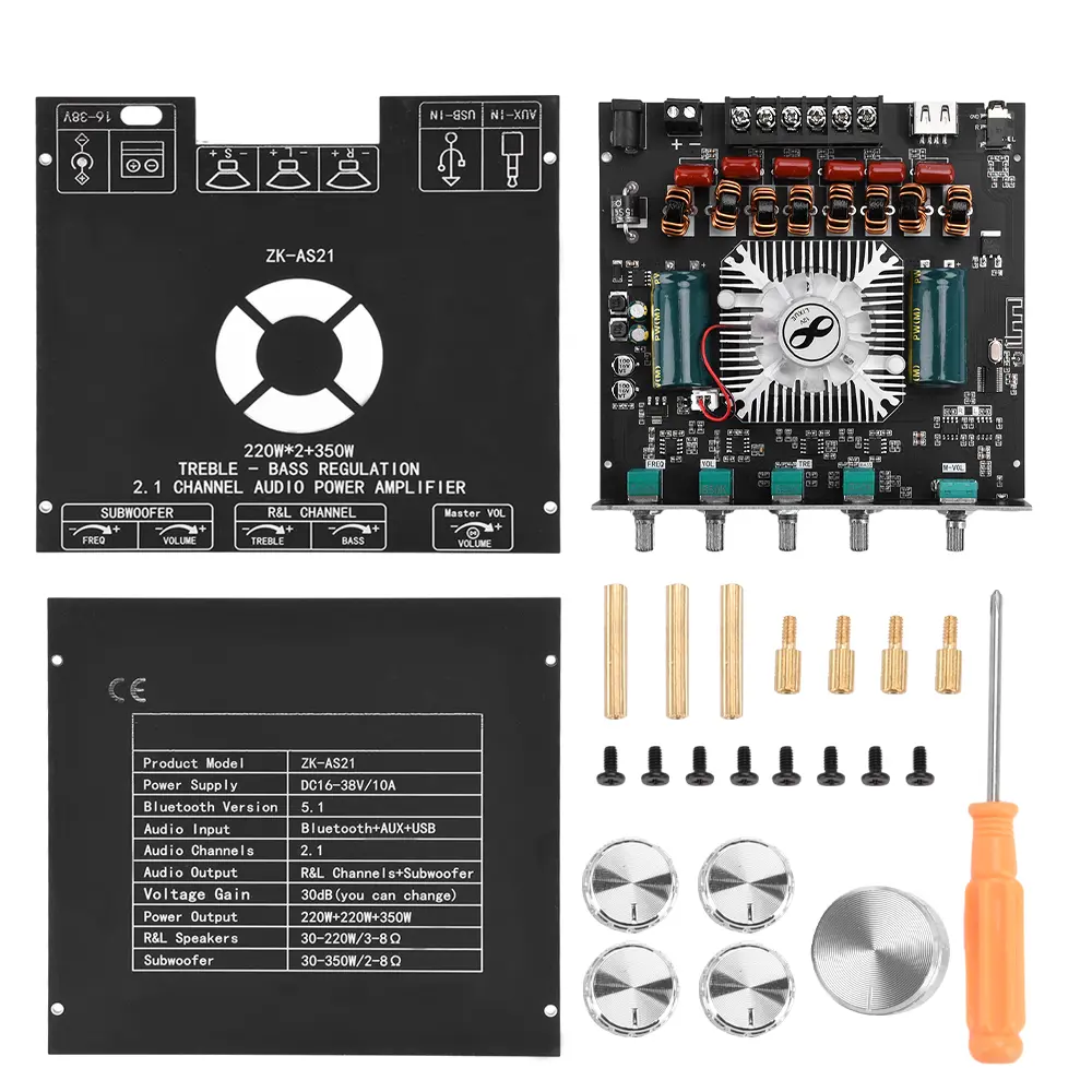 ZK-AS21 2.1 Channel Bluetooth Subwoofer Amplifier Board 220W*2+350W Stereo Audio Power Amplifier Board Bass AMP Module TPA3255