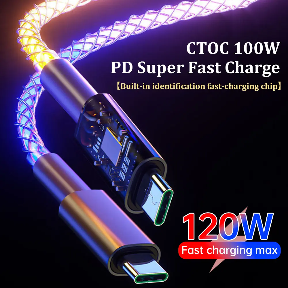 PD120W Fast Charging Data Cables RGB Breathing Luminous Gradient Light Data Cable Car Charging Line USB/Type-C to Type-C Charger