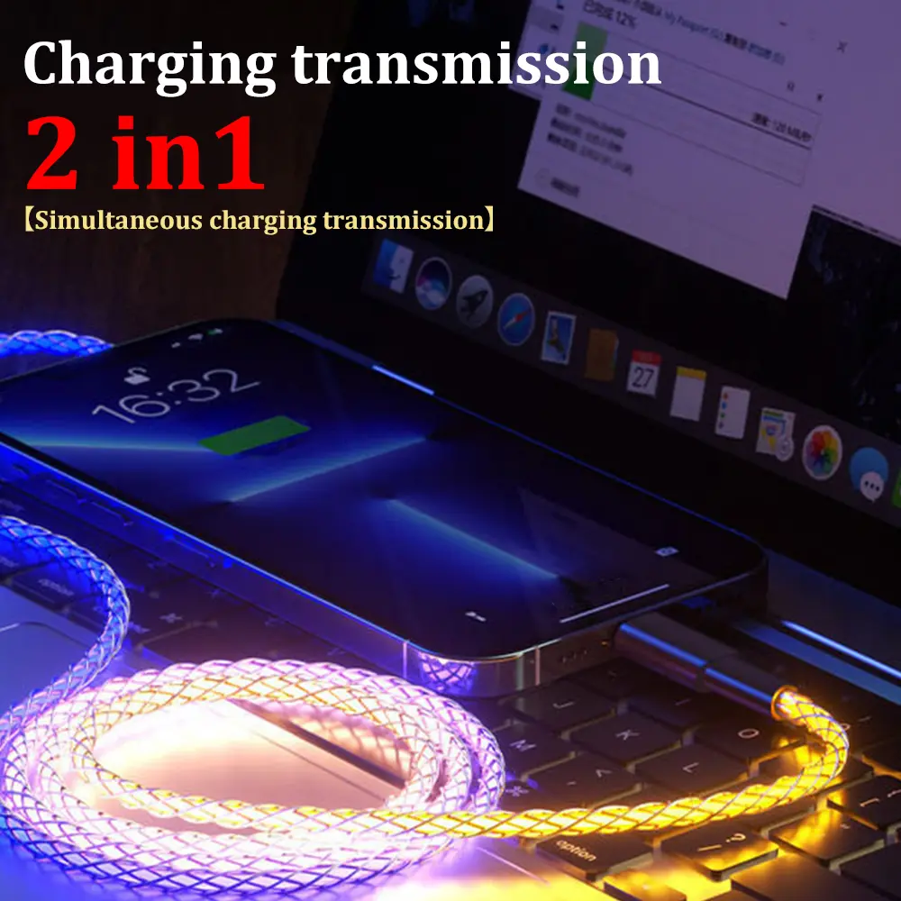 PD120W Fast Charging Data Cables RGB Breathing Luminous Gradient Light Data Cable Car Charging Line USB/Type-C to Type-C Charger