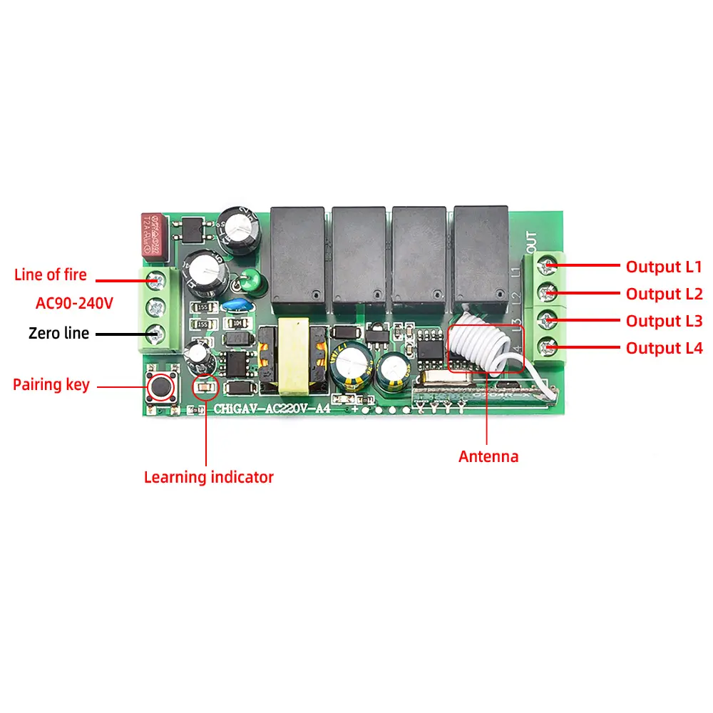433Mhz Universal Wireless Remote Control Relay Switch Module AC 220V 4 Way Channel RF Receiver Transmitter for Gate Garage