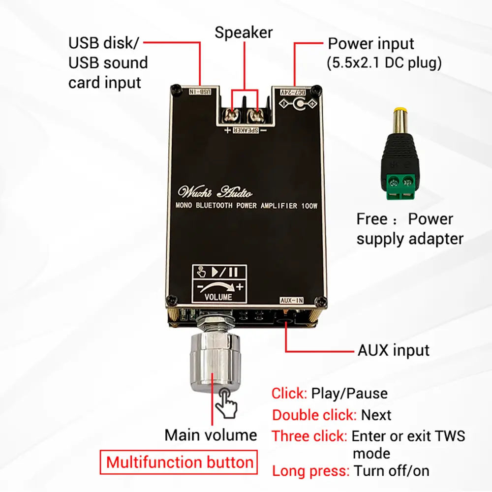ZK-1001B Mono 100W Bluetooth 5.1 Audio Power Amplifier Module  DC7-24V Power Amplifier Chip TPA3116 With TWS Box Function