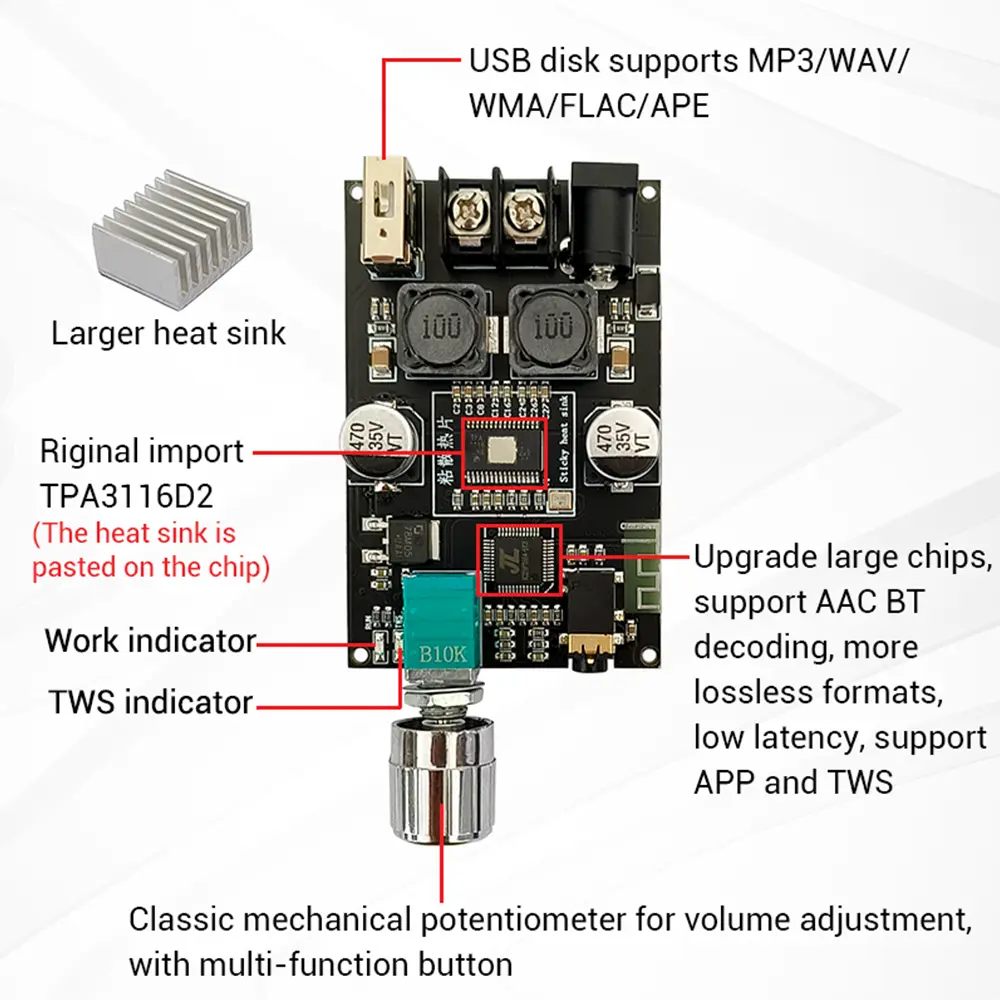 ZK-1001B Mono 100W Bluetooth 5.1 Audio Power Amplifier Module  DC7-24V Power Amplifier Chip TPA3116 With TWS Box Function