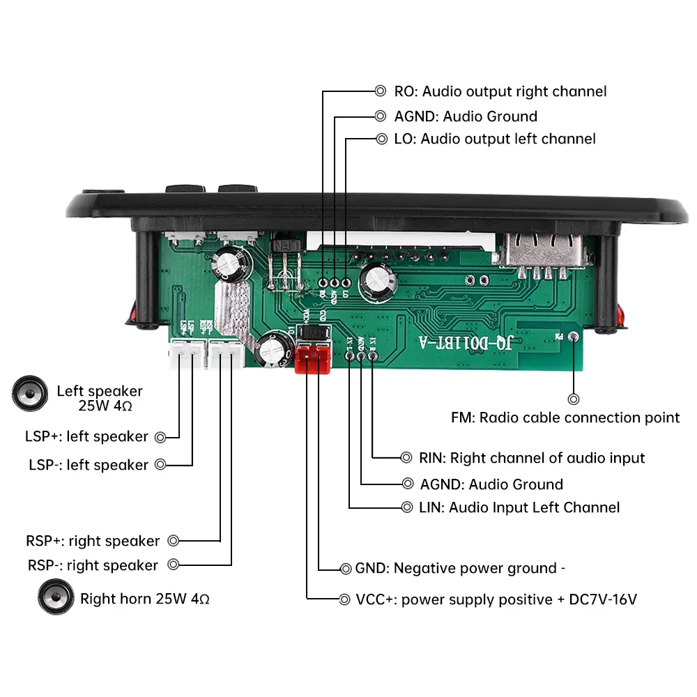 2*25W Amplifier Bluetooth 5.0 MP3 WAV Car Decoder Board DC 12V Wireless Car USB MP3 Player USB TF FM with Mic Decoder