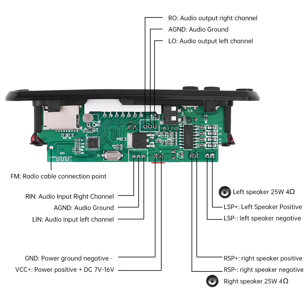 2*25W Amplifier Bluetooth 5.0 MP3 WAV Car Decoder Board DC 12V Wireless Car USB MP3 Player USB TF FM with Mic Decoder