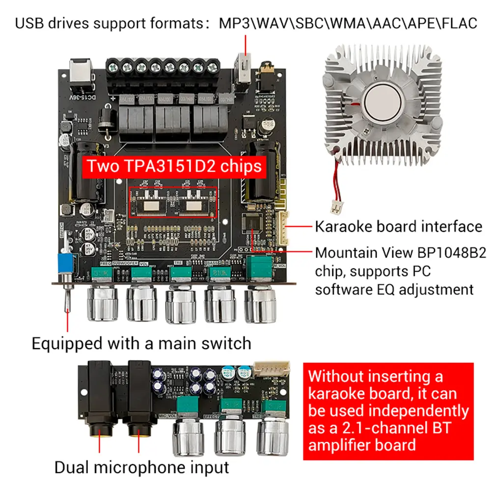 ZK-DAM 220W*2+350W 2.1 Channel Bluetooth Digital Power Amplifier Board TPA3251D2 Subwoofer Bass Tone Audio AMP Module High Power