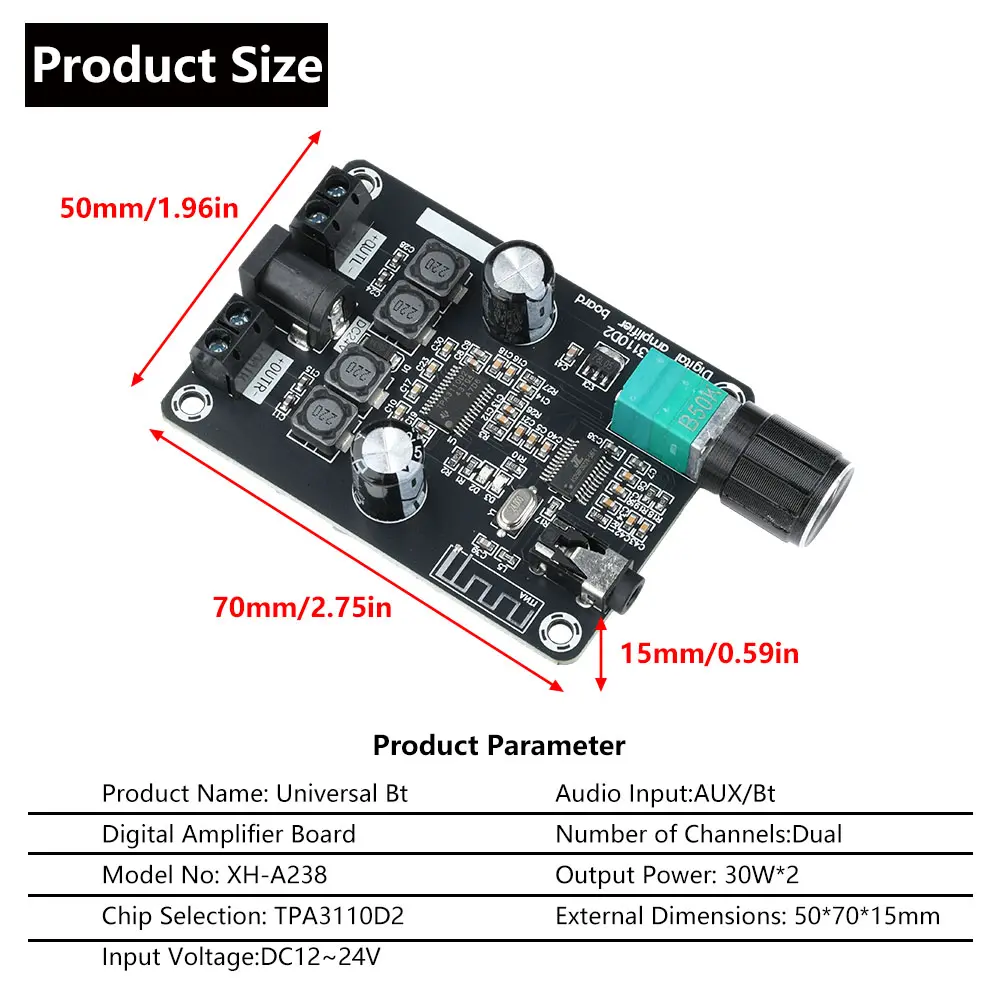 XH-A238 30W+30W Bluetooth Digital Amplifier Board TPA3110D2 2.0 Channel 30W*2 Sound Audio Amplifiers AMP Module  DC12-24V AUX