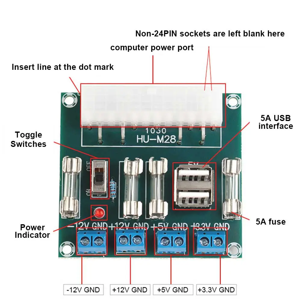 HU-M28 Desktop PC Power ATX Transfer Board HU M28W ATX Adapter Board Lead-Out Module Power Supply Output Terminal 5A USB