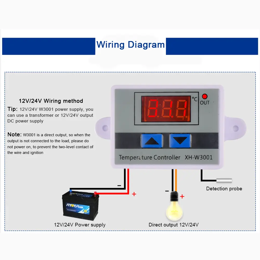 XH-W3001 Water Cooler Temperature Controller 12V/24V/110V 220V Fridge Thermostat Switch Water Heating Sensor for 12V Fan