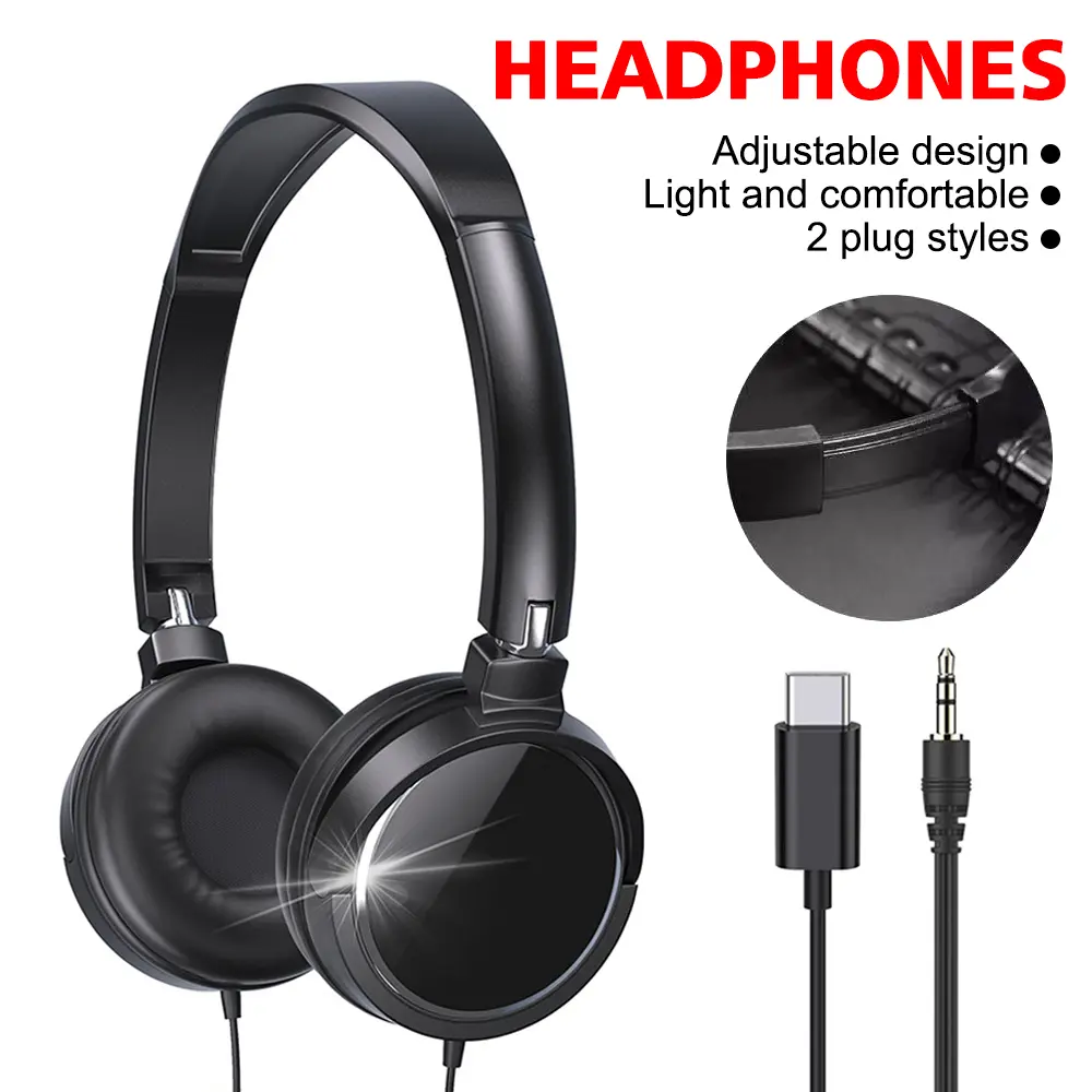 3.5mm/Type-C Wired Headphones Foldable Adjustable Headset Bass Stereo Earphones For  Pc Mp3 Mobile Headphones With Noise Cancel