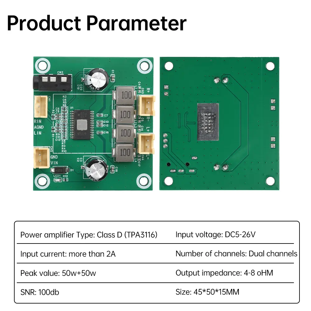50W+50W 2.0 Channel Digital Stereo Class D Audio Power Amplifier Board TPA3116 50W*2 Amplifiers AMP Module DC 5V-26V