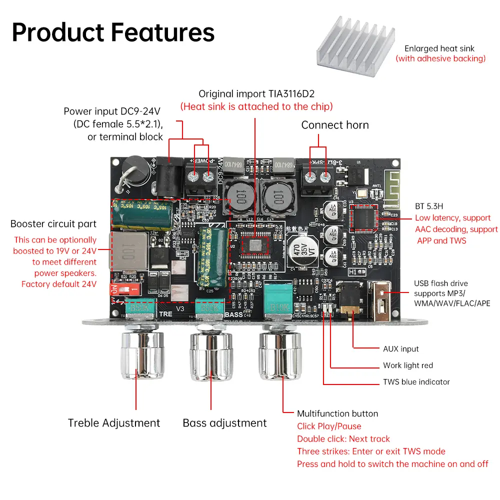 ZK-1001U Mono 100W TPA3116D2 Bluetooth 5.3 Audio Amplifier Module Digital Sound Power Amplifier AMP Module Home Theater AUX