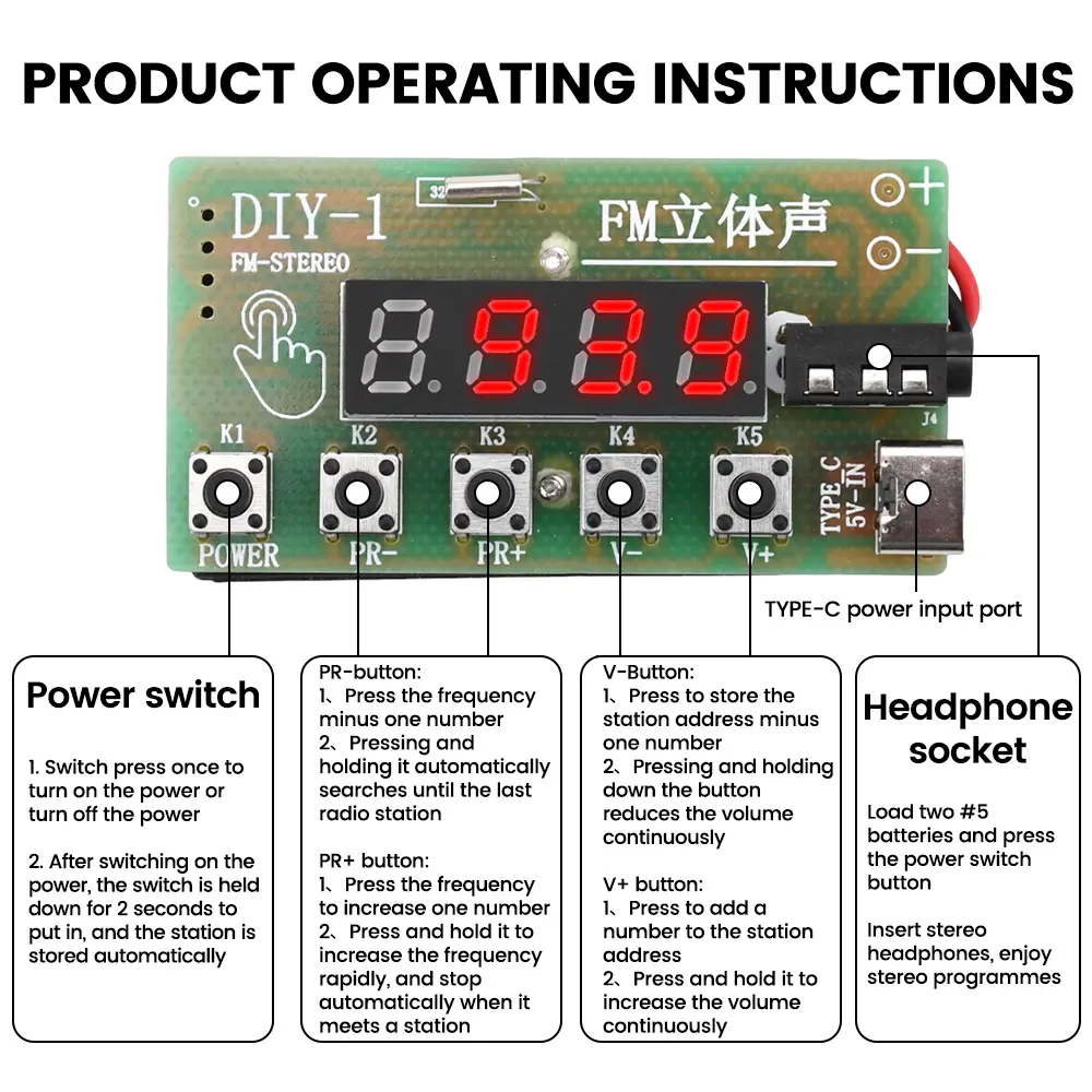 Wireless Stereo AM/FM Radio Receiver Module PCB 87-108MHz DC 5V TYPE-C DIY Electronic Kits Stereo Digital Tuning Headphone Radio