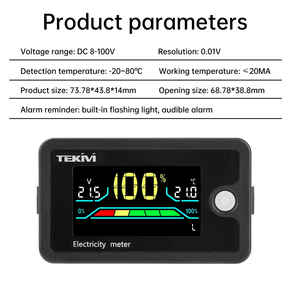 6840C DC8-100V LCD Digital Battery Capacity Indicator Voltmeter LiFePO4 Lead-acid Lithium Battery Tester Meter Temperature Alarm
