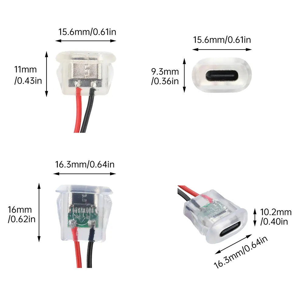 2Pin USB Type-C Input Type Charging Sockets With LED Light Plate Waterproof USB-C Power Port TYPE-C Female Connector Jack Socket