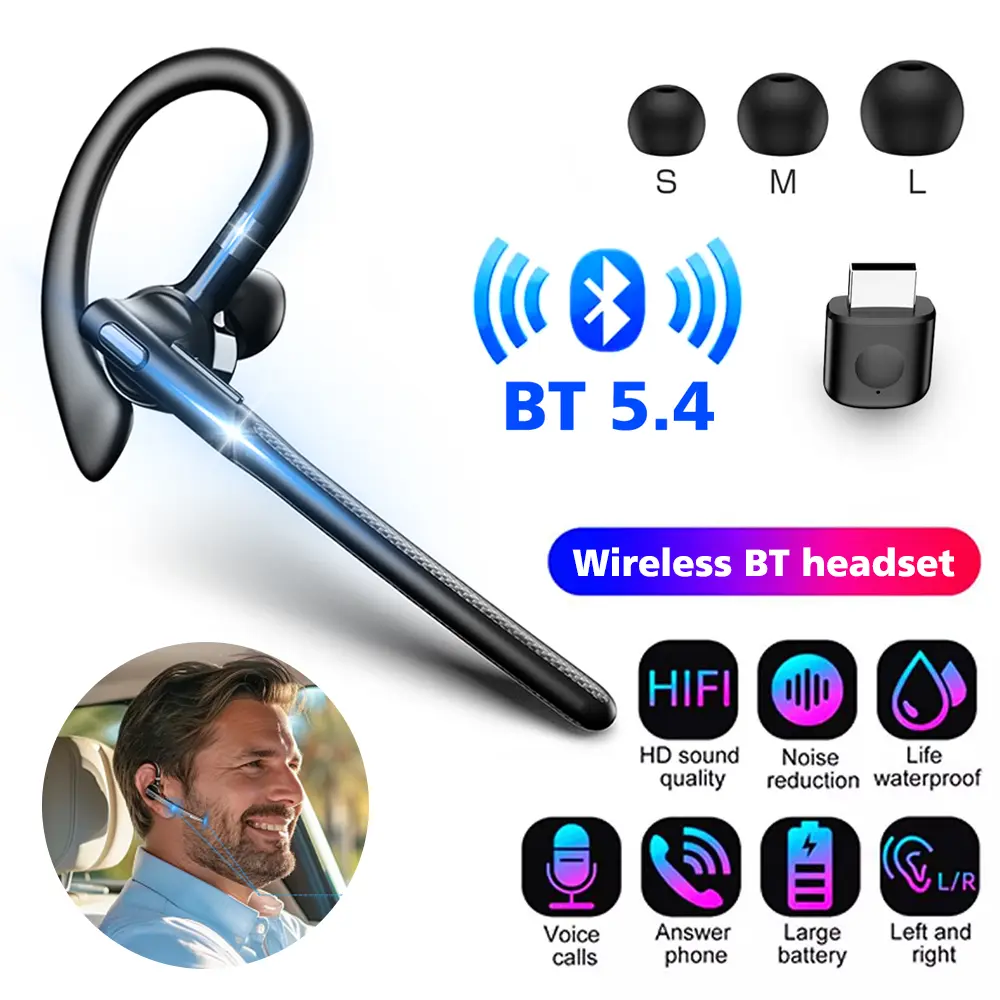 Wireless Bluetooth 5.4 Headset Dual-Mic CVC8.0 Noise Cancelling Handsfree Business Earbuds Hanging Ear Style Earphone Headphone