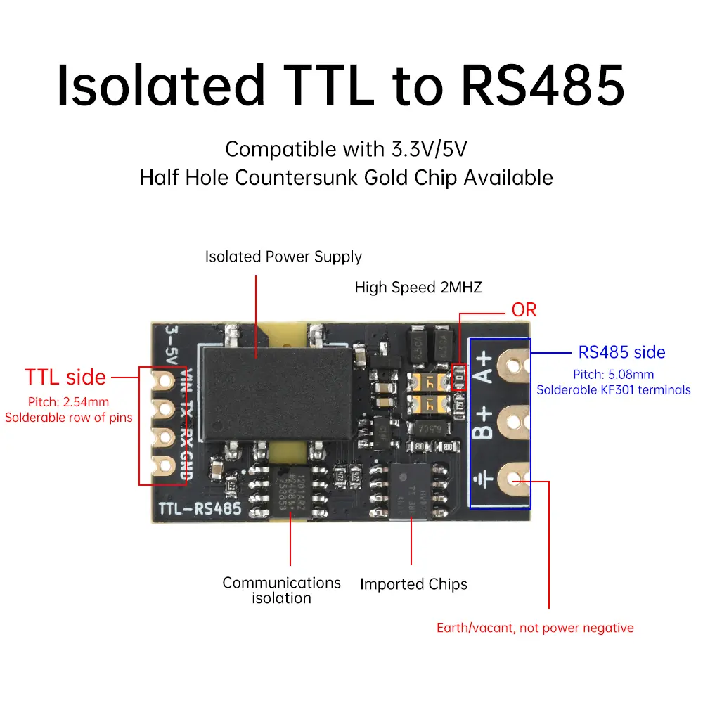 DC 3.3V/5V Isolated TTL to RS485 Level Board Module Serial Automatic Reverse High Speed 2Mbps Communication Isolation