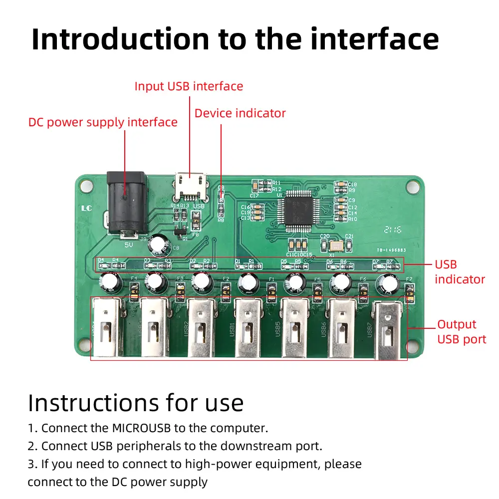1PCS USB 2.0 HUB Module 1 to 7 Port Hub USB Expansion Board Seven Port Splitter Module Micro USB Type-C DC 5V