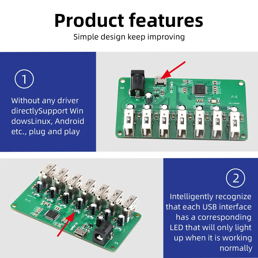1PCS USB 2.0 HUB Module 1 to 7 Port Hub USB Expansion Board Seven Port Splitter Module Micro USB Type-C DC 5V