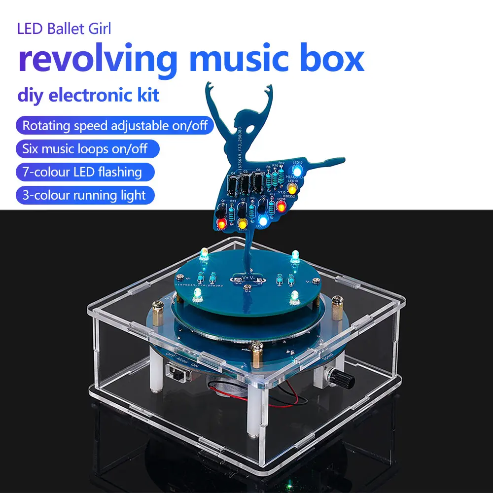 DC 5V Rotating Music Box Ballet Girl Welding Practice Flow Light DIY Kit Electronic Kit Welding Practice Parts Micro USB