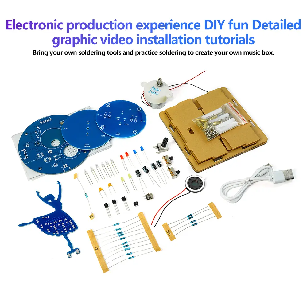DC 5V Rotating Music Box Ballet Girl Welding Practice Flow Light DIY Kit Electronic Kit Welding Practice Parts Micro USB