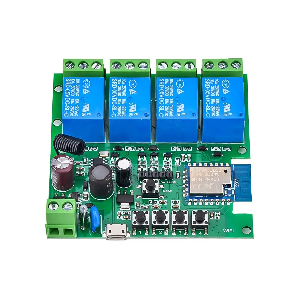 Tuya App 4 Way Smart Relay Switch Module WIFI Remote Control On-off Module with 433MHz Micro USB 5V AC 85V-250V RF Receiver