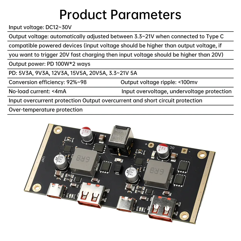 PD QC 100W*2 Fast Charging Module DC12-30V Multi Protocol Smart Quick Charger Circuit Board PD QC SCP AFC VOOC