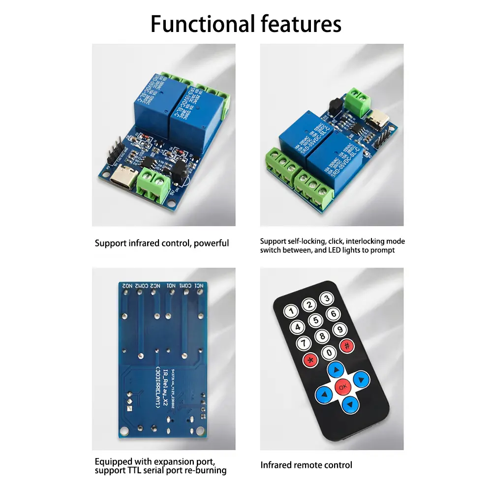 2 Channel Wireless Infrared Remote Control Switch 5V Relay Module Type-C Remote Control On Off Self Locking/Inching/Interlocking