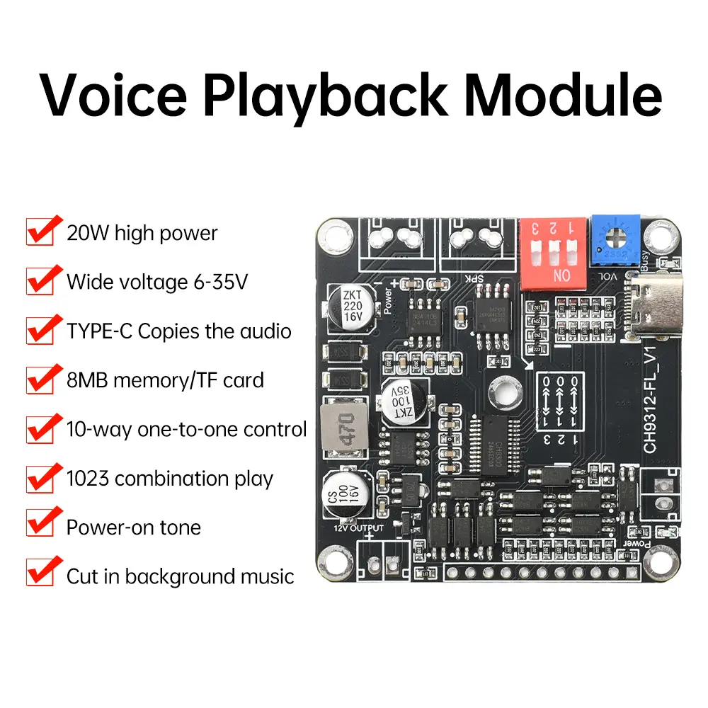 20W Voice Playback Module MP3 Music Player Industrial Grade Audio Playback Module 10CH One-for-One Control 8Mb Memory/TF Card