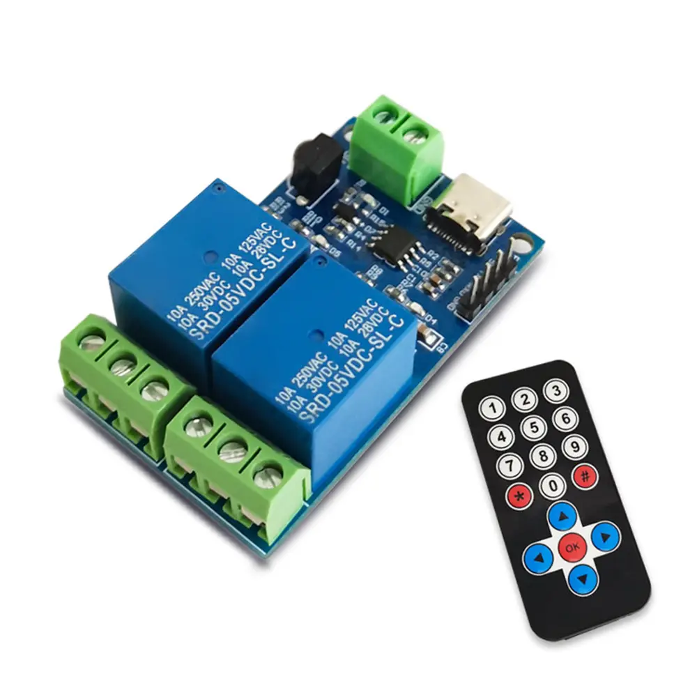 2 Channel Wireless Infrared Remote Control Switch 5V Relay Module Type-C Remote Control On Off Self Locking/Inching/Interlocking