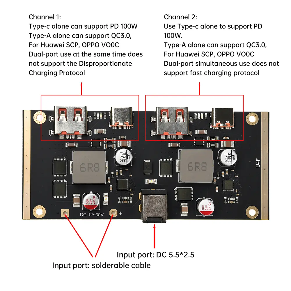 PD QC 100W*2 Fast Charging Module DC12-30V Multi Protocol Smart Quick Charger Circuit Board PD QC SCP AFC VOOC