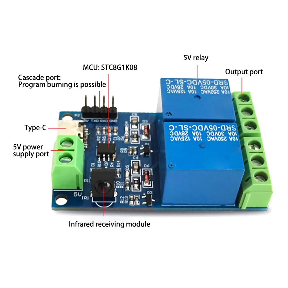 2 Channel Wireless Infrared Remote Control Switch 5V Relay Module Type-C Remote Control On Off Self Locking/Inching/Interlocking