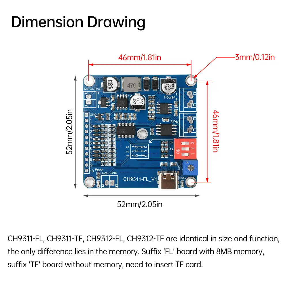 20W Voice Playback Module MP3 Music Player Industrial Grade Audio Playback Module 10CH One-for-One Control 8Mb Memory/TF Card