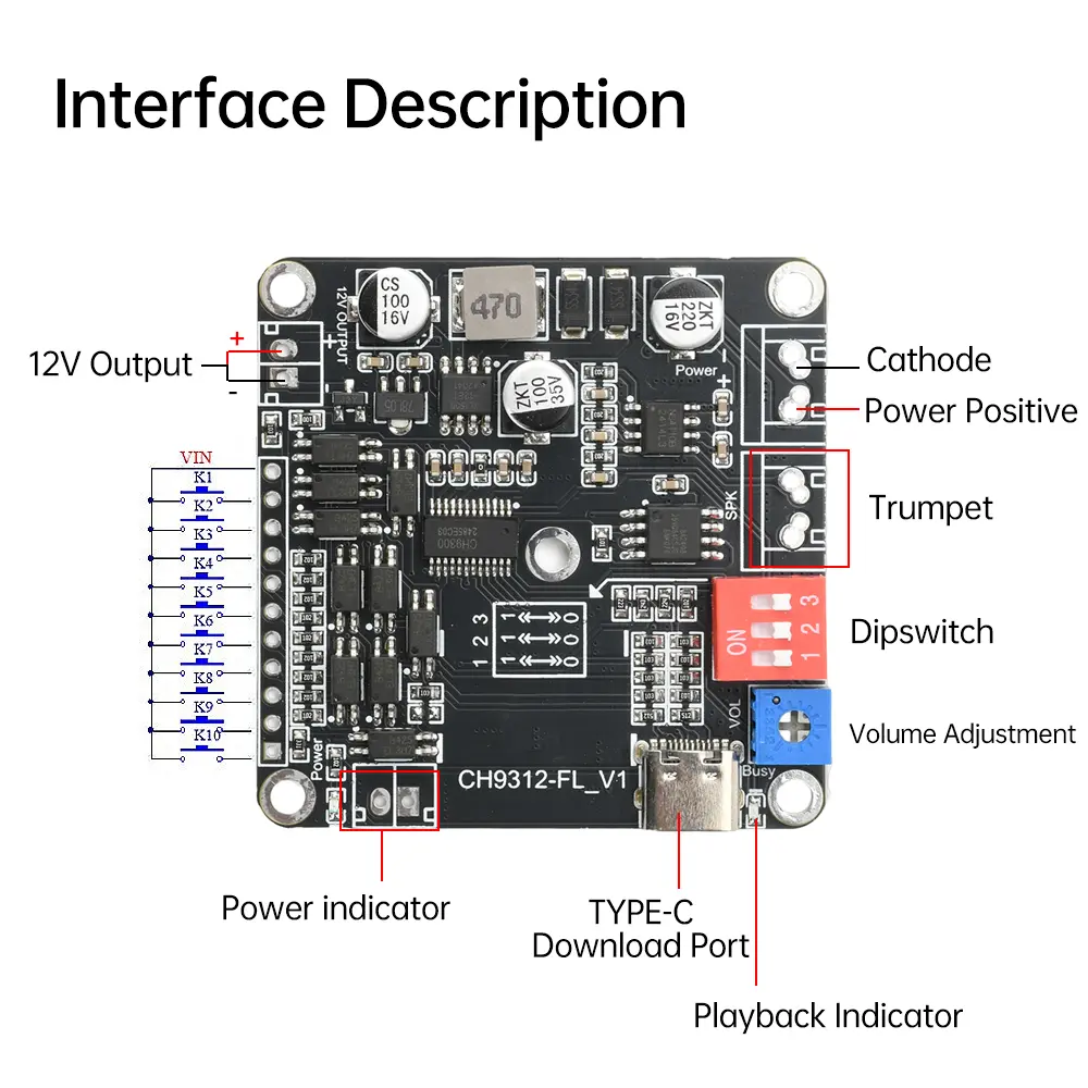 20W Voice Playback Module MP3 Music Player Industrial Grade Audio Playback Module 10CH One-for-One Control 8Mb Memory/TF Card