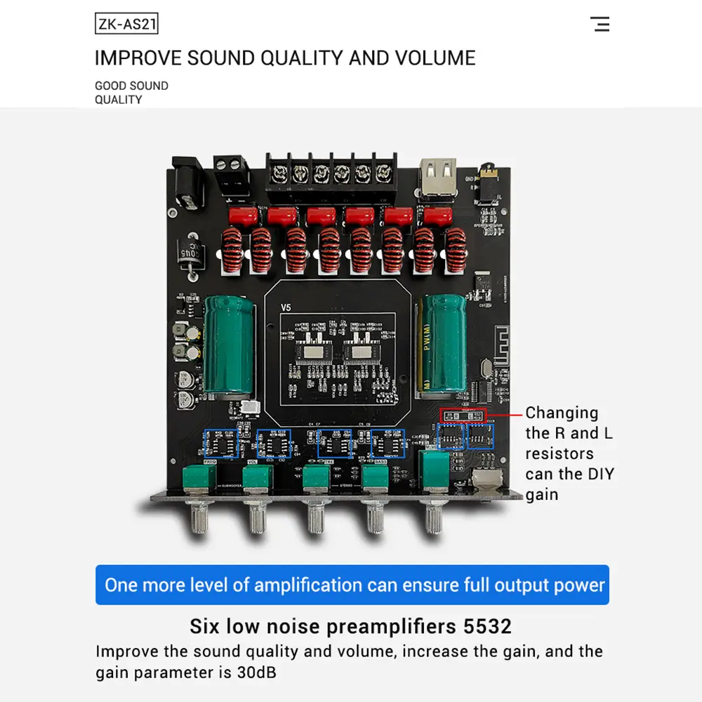 ZK-AS21 TPA3255 220WX2+350W 2.1 Channel Bluetooth Digital Audio Power Amplifier Board High Low Tone Subwoofer Amplifier Module