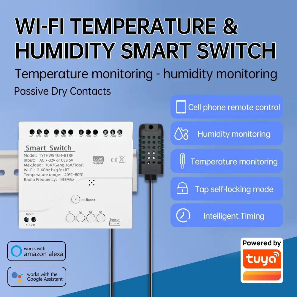 Tuya WiFi 4 Channel Smart Switch with Temperature or Humidity Sensor 85-250V 7-32V 10A RF 433MHZ Relay For Alexa Google Home
