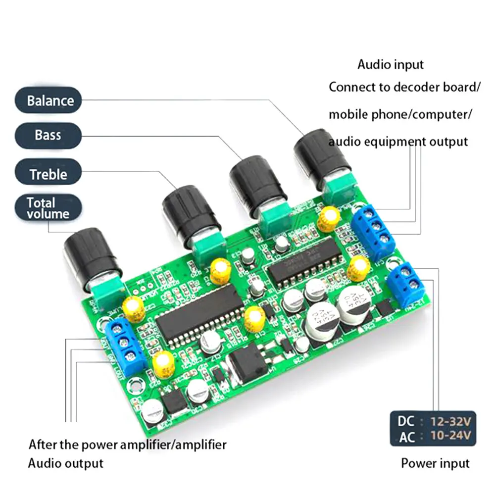 BBE2150 UPC1892T Sound Amplifier Audio Preamplifier Tone Board Balance Treble Bass Preamp with Volume Control EQ Pre-amplifier