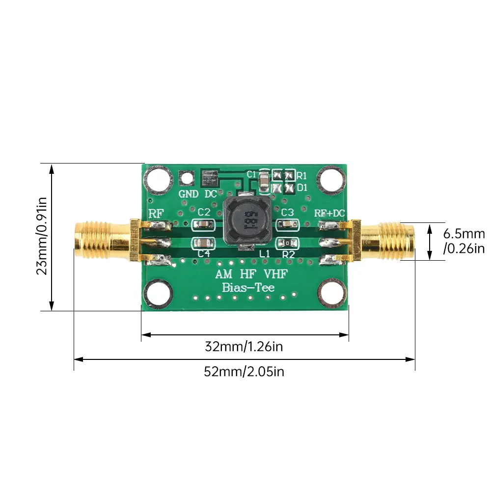 25K-100MHz RF Wideband Amplifier Module Coaxial Feed Biaser Low Insertion Loss HF AM DC 1-50V